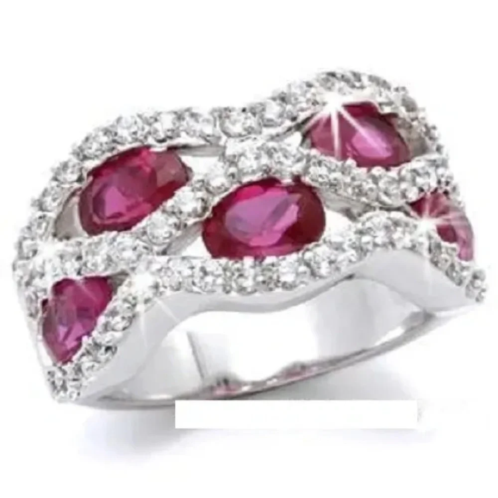 Ruby Red Cz statement diamond Pave set Cocktail Wedding statement Ring silver